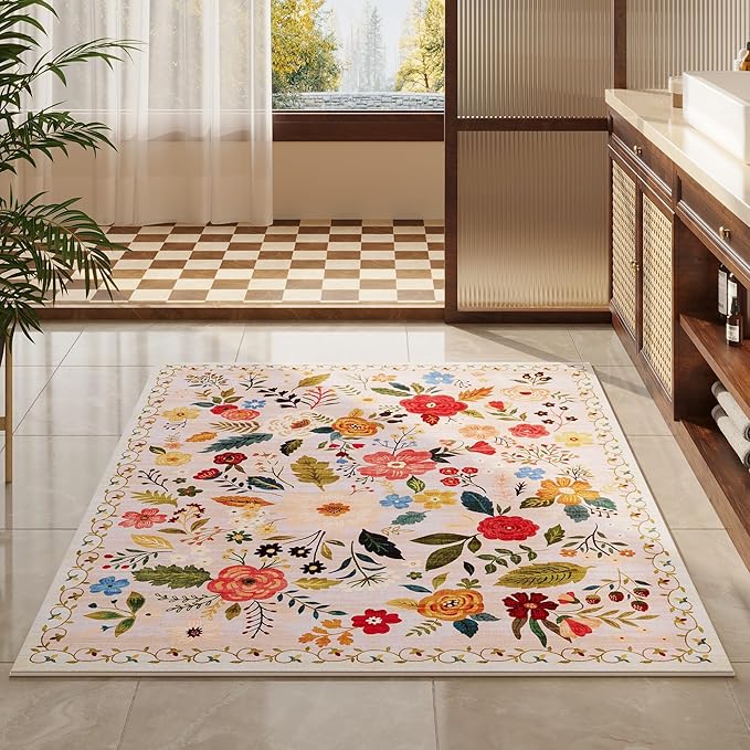 Rugcomf Bedroom Rug 3x5 Rug Washable Area Rug Non Slip Low Pile Boho Floral Small Carpet for Bedroom, Bedside, Kitchen, Entryway, Kids Room, Office, College Dorm Essentials for Girls(Beige)