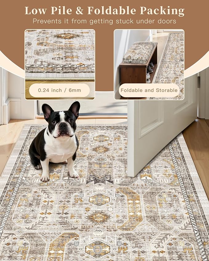 Madane Hallway Runner 3x14 - Runner Rugs 14ft Washable Entryway 14ft Rug Ruuner Vintage Kitchen Runners Non Slip Indoor Area Rug Farmhouse Carpet Runner for Bathroom Living Room Bedroom, Brown/Gold