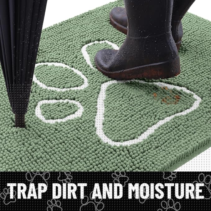 Smiry Dog Door Mat for Muddy Paws, Absorbent Dirt Trapper Non Slip Quick Dry Washable Chenille Mat for Mud Dogs, Entry Rug for Indoor and Outdoor (24x16 Inches, Olive Green and White)