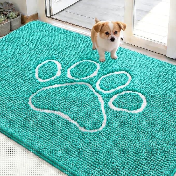 OLANLY Dog Door Mat for Muddy Paws 48x30, Paw Print Design, Absorbs Moisture and Dirt, Absorbent Non-Slip Washable Doormat, Quick Dry Chenille Mud Mat for Dogs, Entry Indoor Entryway Carpet, Teal