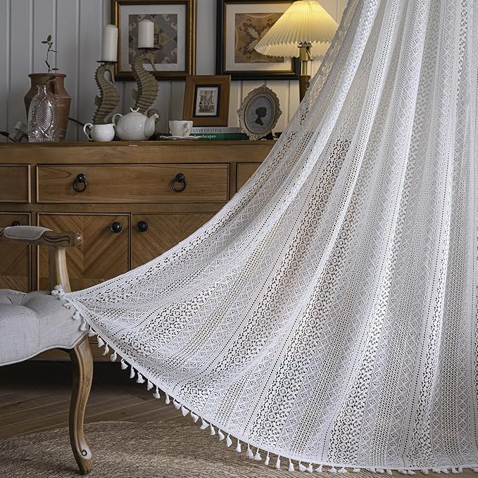WAZZIO Boho Lace Curtains 45 Inches 2 Panel,Light Filtering Privacy Tassel & Geometry Crochet Semi Sheer Curtain Drapes for Bedroom Living Dining Room,Rod Pocket & Tassel,Victorian Decor,Off White