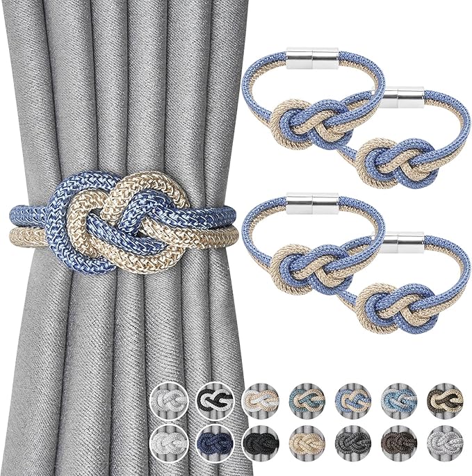 NICEEC 4 Pack Mini Magnetic Curtain Tiebacks Nordic Simple Style Drape Tie Backs Elegant Hand Weave Rope Knot Decorative Curtain Holdbacks for Home & Office Thin Window Drapery (Blue & Beige)