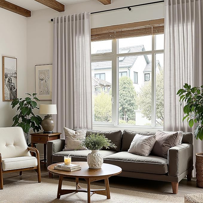 Stone Grey Linen Curtains 112 Inches Long for Living Room Simple Modern Light Filtering Semi Sheer Curtain Back Tab Rod Pocket Neutral Luxury Floor to Ceiling High Window for Bedroom 52x112, 2 Panels