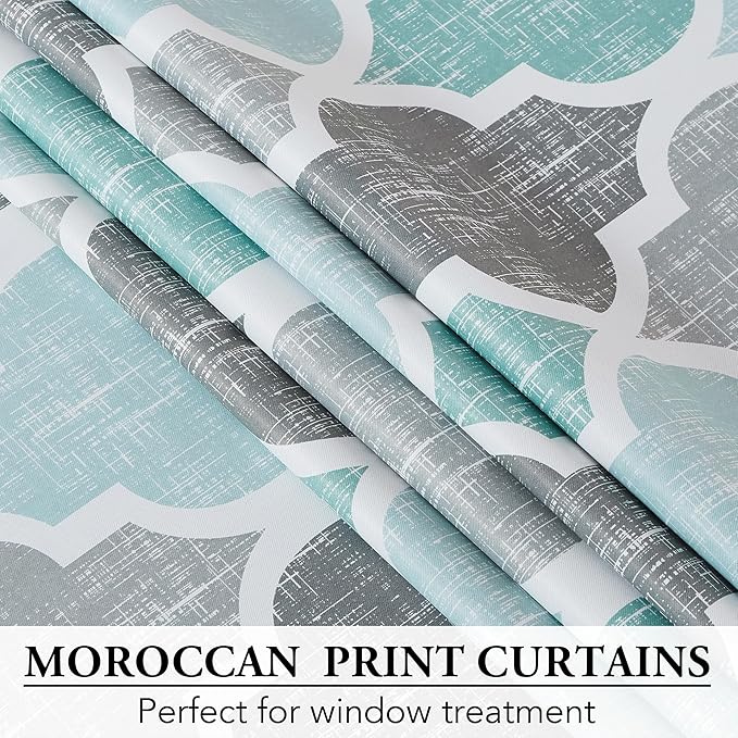 Beauoop 100% Blackout Curtains 90 Inches Long 2 Panels for Bedroom Living Room Aqua Grey Moroccan Geo Room Darkening Thermal Insulated Soundproof Grommet Top Window Treatments Drapes, 50x90 Set of 2
