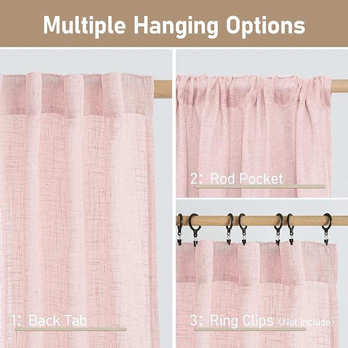 LAMIT 40 Inch Length Linen Curtains for Small Windows, Semi Sheer Light Filtering Panels Back Tab and Rod Pocket Neutral Drapes for Basement/Window/Kids Room, Pink, 2 Panels, 34 x 40 Inch