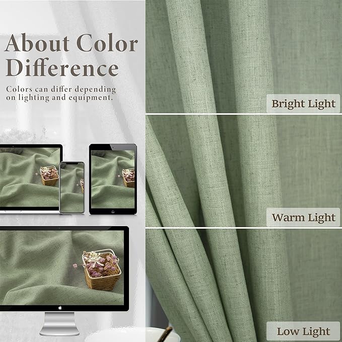 Light Sage Curtains 90 Inches Long for Living Room 2 Panels Back Tab Pocket Linen Drapes Light Filtering Semi Sheer Privacy Pale Sage Green Curtains for Bedroom Boys Boho Farmhouse Decor 52x90 Length