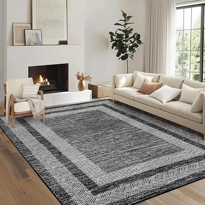 GarveeHome Area Rug 8x10 Modern Geometric Living Room Rug Non Slip, Thin Washable Carpet, Soft Non Shedding Foldable Floor Covering, Low Pile Thin Printed Mats for Bedroom Office, Black