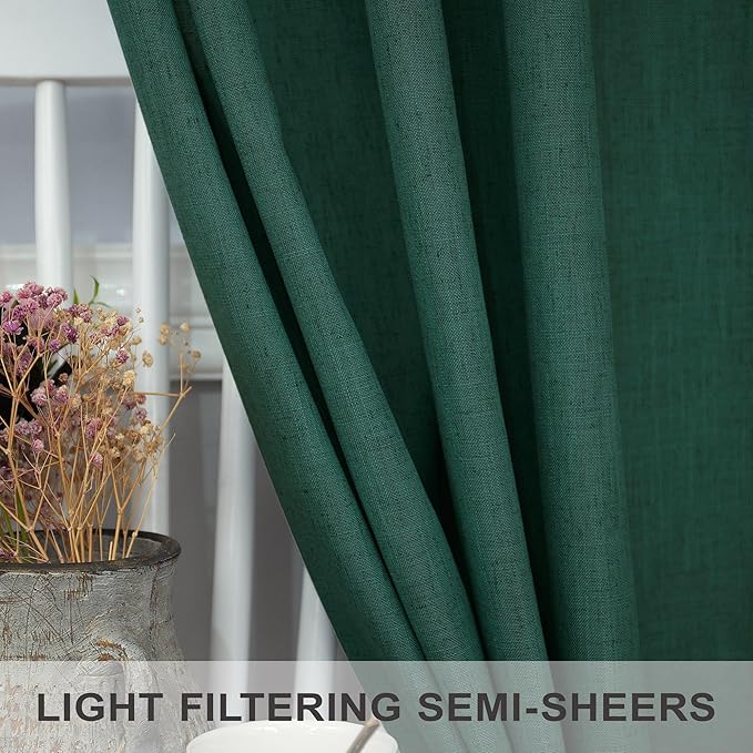 Dark Green Curtains 84 Inch Length for Bedroom 2 Panels Back Tab Pocket Hunter Green Drape Light Filtering Semi Sheer Linen Forest Emerald Green Curtain for Living Room Boho Christmas Decor 52x84 Long
