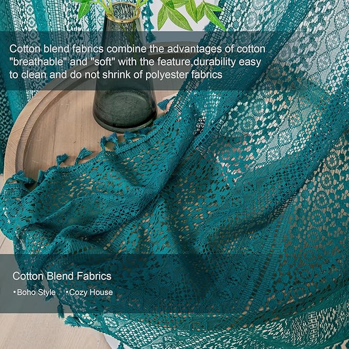 WAZZIO Boho Lace Curtains 63 Inches 2 Panel,Light Filtering Privacy Tassel & Geometry Crochet Semi Sheer Curtain Drapes for Bedroom Living Dining Room,Rod Pocket & Tassel,Coastal Style,Teal