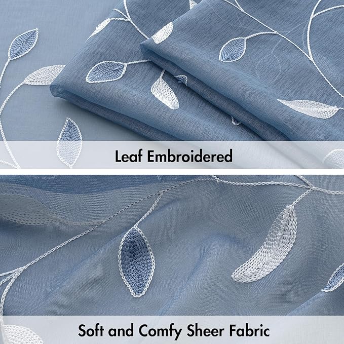 MIULEE Dusty Blue Sheer Curtains 2 Panels Embroidered Leaf Patterned Rod Pocket Floral Semi Sheer Faux Linen Window Curtains Drapes Set for Living Room Bedroom Dining Room, 52x63 Inches Long