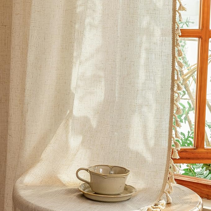 MYSKY HOME Linen Tassels Curtains for Living Room Bedroom, Semi Sheer Drapes 84 inches Length Farmhouse Boho Style Back Tab Macrame Drapes for Sliding Glass Door, Linen, 50" W×84" L, 2 Panels