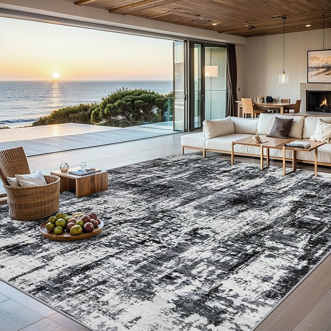 Area Rugs 10x12 Living Room - Washable Rug Modern Abstract Soft Large Neutral Non-Slip Carpet Indoor Floor Thin Carpets for Bedroom Dining Room Farmhouse Nursery Home Office Black