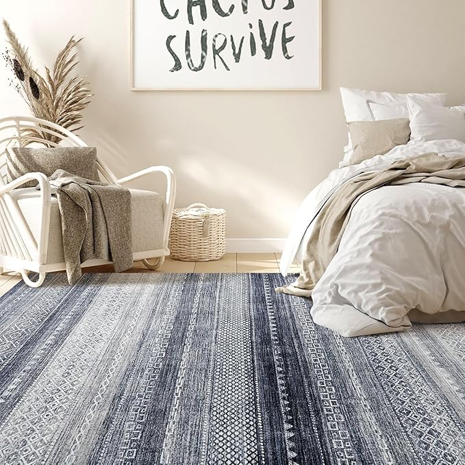 Nakagishi 10x12 Area Rug Living Room: Washable Boho Large Neutral Modern Soft Stain Resistant Farmhouse Indoor Floor Rug Non-Slip Accent Carpet for Bedroom Nursery Kids Playroom Office- Blue