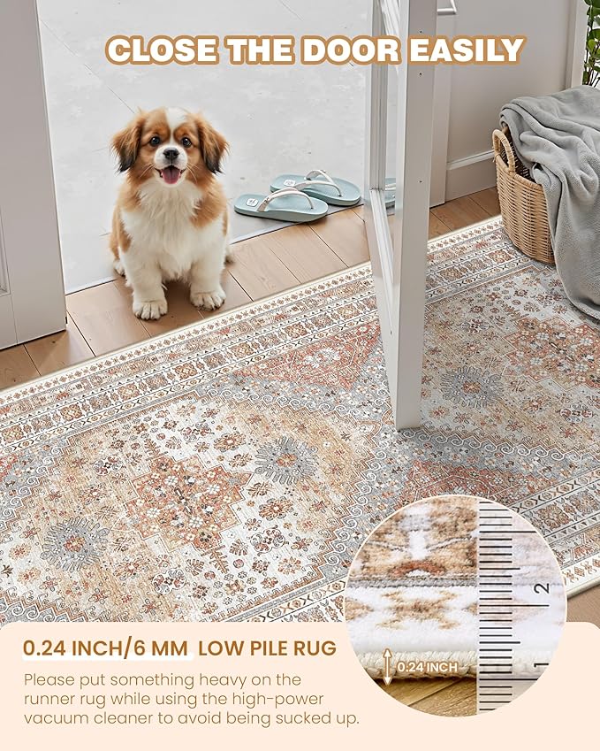 2x4 Washable Rug Runner for Bathroom, Soft Entryway Rug for Laundry Room, Kitchen, Vintage Hallway Runner for Bedroom, Anti-Slip Door Mat Indoor Entrance(Orange,2'x4')