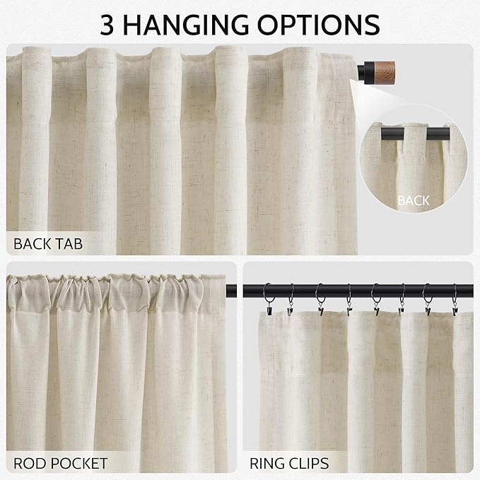 Nanspring Vanilla Linen Curtains 102 Inches Long for Living Room Light Filtering Semi Sheer Curtain Back Tab Modern Farmhouse Decor Floor to Ceiling Coastal Drapes for Bedroom 52x102, 2 Panels