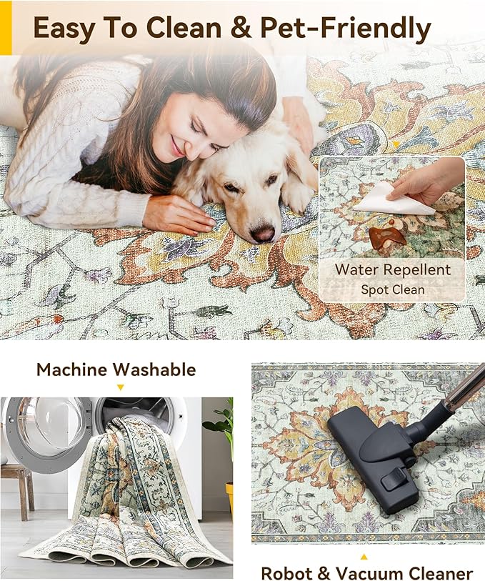 Area Rugs 8'x10' Washable Non-Slip, Floral Vintage Distress Print Pattern Medallion Carpet for Living Room Bedroom Dining Room, Light Yellow Carbon Grey Orange