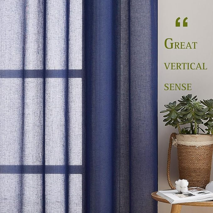 NICETOWN Linen Textured Sheer Curtains 84 inch Long for Living Room, Privacy Chic Sheer Curtains Window Treatment Translucent Drapes for Farmhouse/Cottage, W70 x L84, Dark Blue, 1 Pair