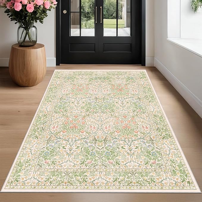 Beige Green 4x6 Washable Area Rug for Living Room, Large Entryway, Nursery, Bedroom, Kitchen, Ultra Soft Non Slip Stain Resistance, Floral Distressed Aethestic Design