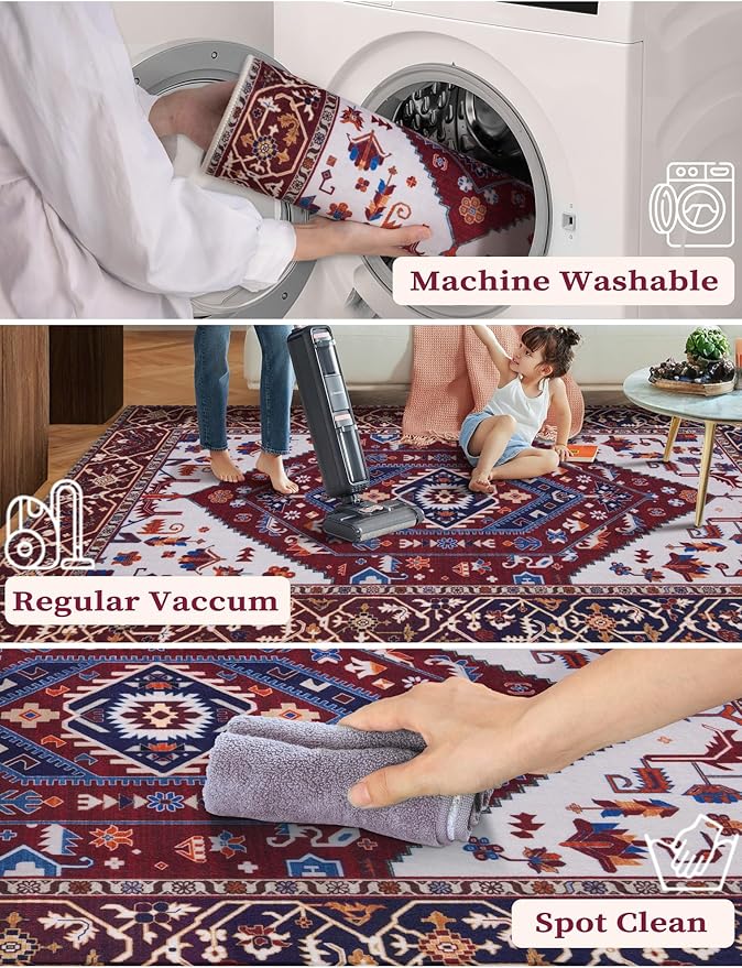 SERISSA Boho Washable Runner Rug, 2x6 Rug Runner Non-Slip Vintage Burgundy Navy Hallway Kitchen Runner Rug Ultra Soft Print Distressed Floor Carpet Runner for Bedroom Bathroom Laundry Living Room