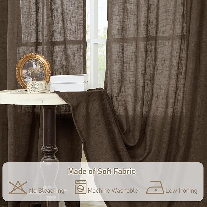 LAMIT Dark Brown Linen Curtains 54 Inch Length 2 Panels, Light Filtering Panels Back Tab and Rod Pocket Neutral Drapes for Bathroom/Window/Bedroom, 52 x 54 Inch