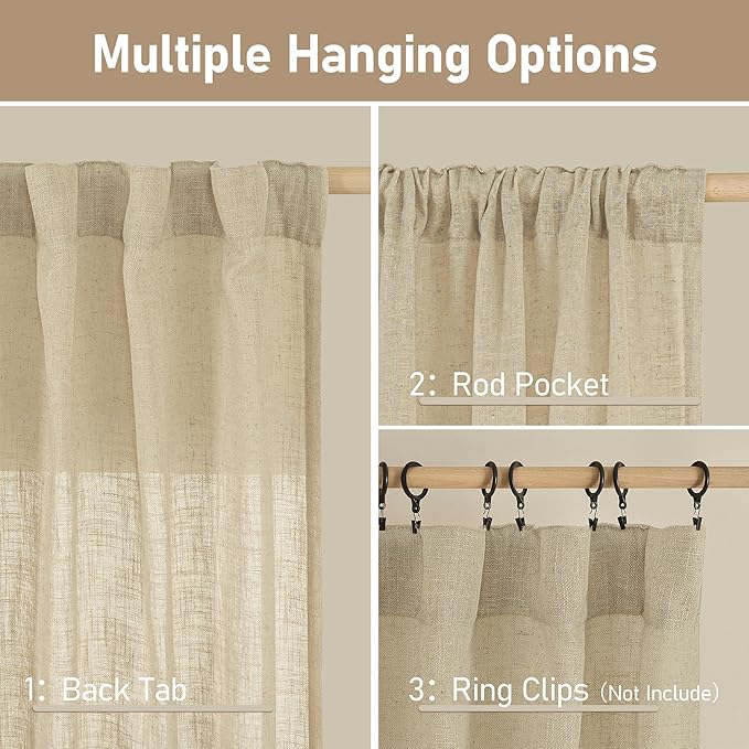 LAMIT Light Filtering Sheer Linen Curtains 102 inches Long, Linen Textured Semi Sheer Back Tab and Rod Pocket Natural Boho Drapes for Living Room/Farmhouse, 2 Panels, Linen, 52 x 102 Inch