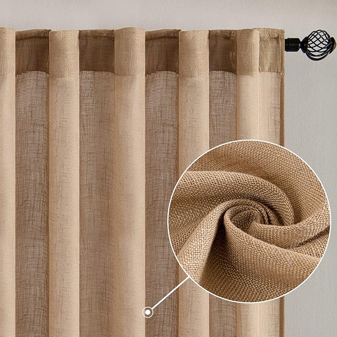 MIULEE Brown Linen Curtains 90 Inch Length 2 Panels for Bedroom Living Room, Soft Thick Linen Textured Window Drapes Semi Sheer Light Filtering Back Tab Rod Pocket Burlap Look Decor, W37xL90