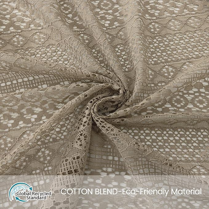WAZZIO Boho Lace Curtains 84 Inches 2 Panel,Light Filtering Privacy Tassel & Geometry Crochet Semi Sheer Curtain Drapes for Bedroom Living Dining Room,Rod Pocket & Tassel,Earthy Color Taupe