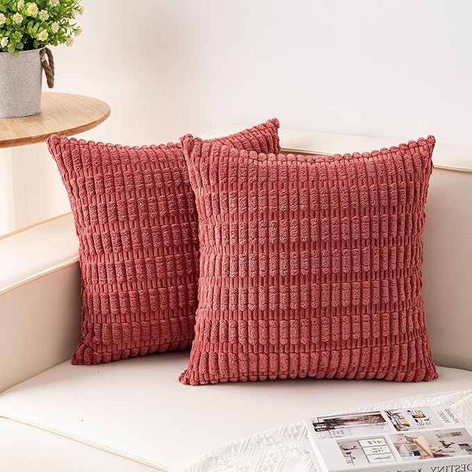 Pack of 2 Corduroy Decorative Throw Pillow Covers 24x24 Inch Soft Striped Pillow Covers Modern Farmhouse Home Decor for Sofa Living Room Couch Bed（Cranberry Red）