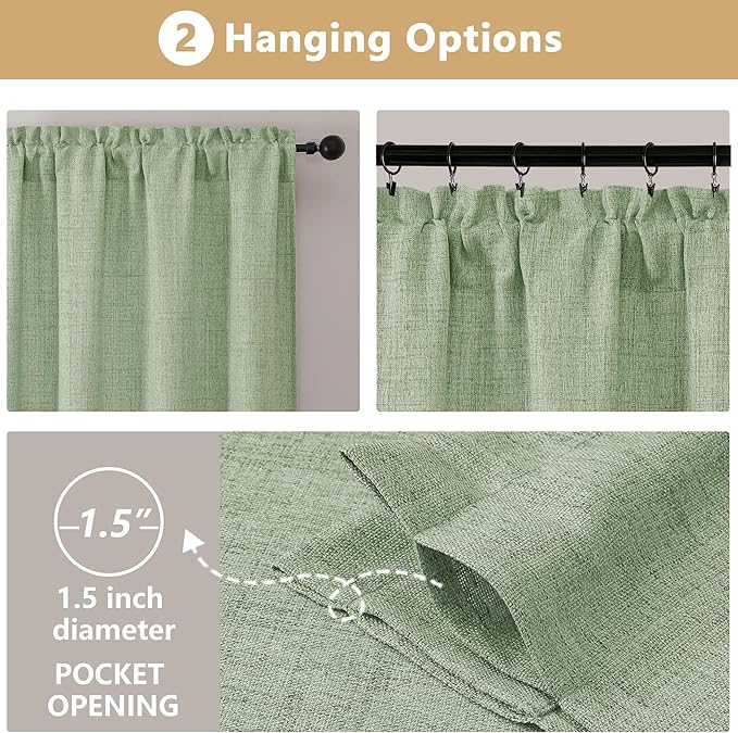 OVZME Valance for Windows, Light Filtering Faux Linen Textured Small Short Valance Kitchen Curtain, Dual Rod Pocket Top Short Window Curtain for Bathroom Basement Farmhouse, 52Wx14L Inch, Sage Green