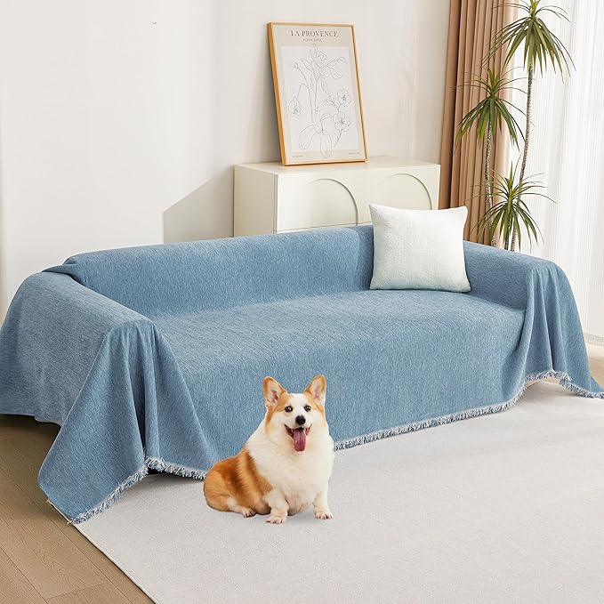 MYSKY HOME Chenille Couch Cover, Sofa Slipcover for 1-2 Cushion Sectional Couch, Machine Washable Soft Furniture Protector with Tassels, Futon Sofa Covers, Throw for Dogs, Kids, 71" x 102", Blue