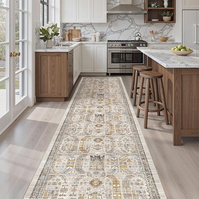 Madane Hallway Runner Rug 2'6''x12' Kitchen Runner, Non Slip Vintage Runners for Hallways Washable Kitchen Rugs Soft Low Pile 2.5x12 ft Rug Runner for Laundry Room, Entryway and Bedroom, Brown/Gold