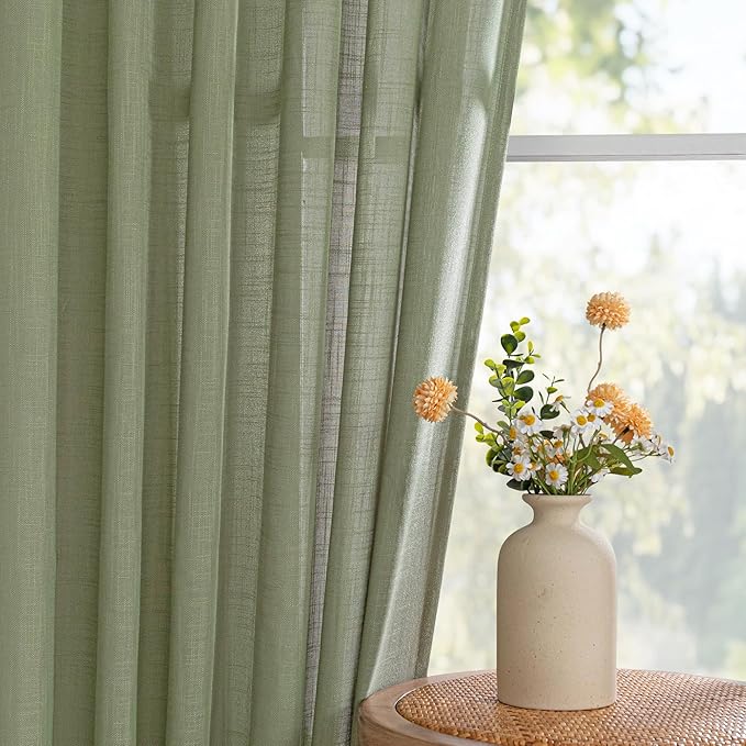 MYSKY HOME Sage Green Curtains for Beroom Liivng Room 84 Inch Length 2 Panels Set, Semi Sheer Soft Touch Light Filtering Drapes for Sliding Glass Door Farmhouse Boho Curtain, 50" Wide, 2 PCs