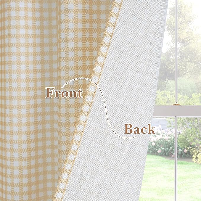 RYB HOME Checkered Kitchen Cafe Curtains 24 inch Length, Vintage Farmhouse Linen Plaid Curtains Gingham Small Window Treatment Valance for Living Room Bathroom, Yellow, W26 x L24, 2 Panels