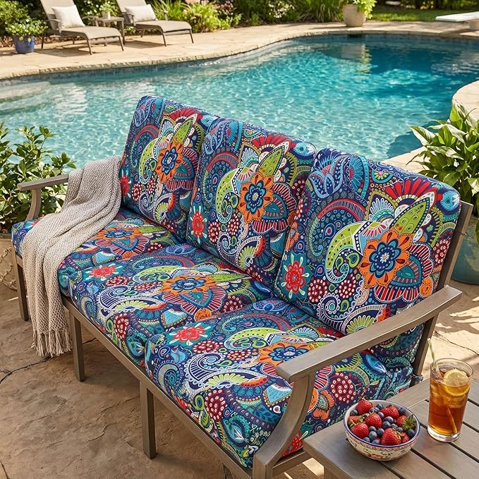 hyha Printed Couch Cushion Covers, Floral Sofa Covers Washable for 3 Cushion Couch, Stretch Pattern Outdoor Cushion Covers for Patio Furniture with Elastic Bottom(Large, Paisley)