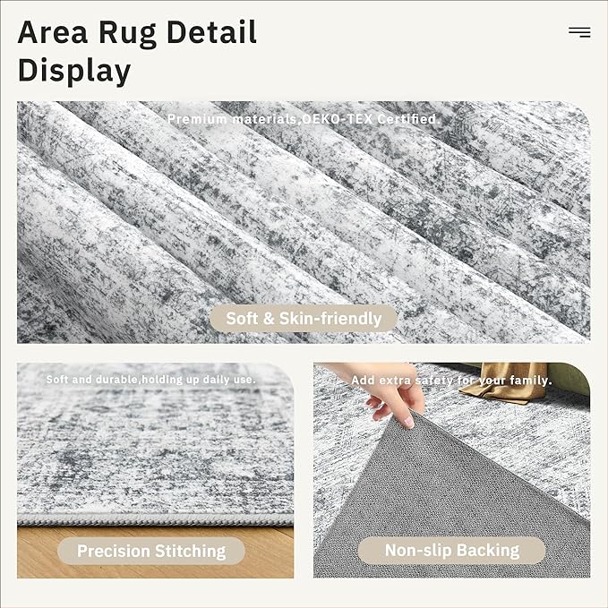 2x3 Washable Rugs for Kitchen, Floor, Entryway, Powder Room Small Area Rug Non-Slip Vintage Low Pile Throw Door Mat Grey