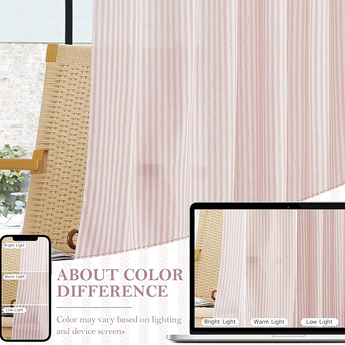 RYB HOME Cafe Striped Curtains for Kitchen Bathroom Small Window, Linen Pinstripe Drapes Valance 36 inch Length for Living Room Short Tier Boho Rustic Farmhouse, Pink, W26 x L36, 2 Panels