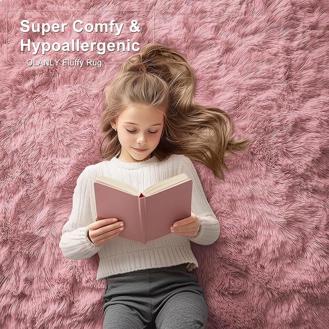 OLANLY 5x8 Machine Washable Large Area Rugs for Living Room, Bedroom, Soft Fluffy Shaggy Bedside Rug, Indoor Floor Carpet for Kids Girls and Boys, Dorms, Nursery, Home Decor Aesthetic, Pale Pink