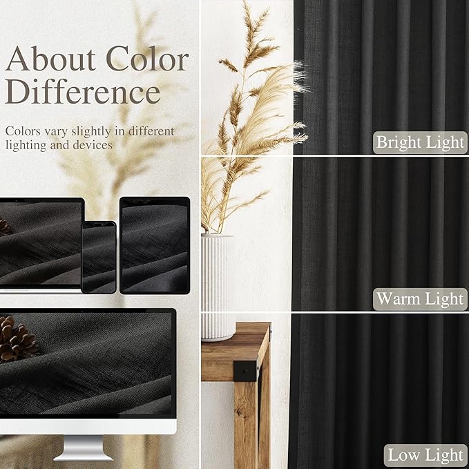 Nanspring Short Linen Curtains 36 Inch Length for Kitchen Windows Over Sink Black Privacy Panels Back Tab and Rod Pocket Neutral Curtains for Cafe/Basement 26 x 36 Inch,2 Panels