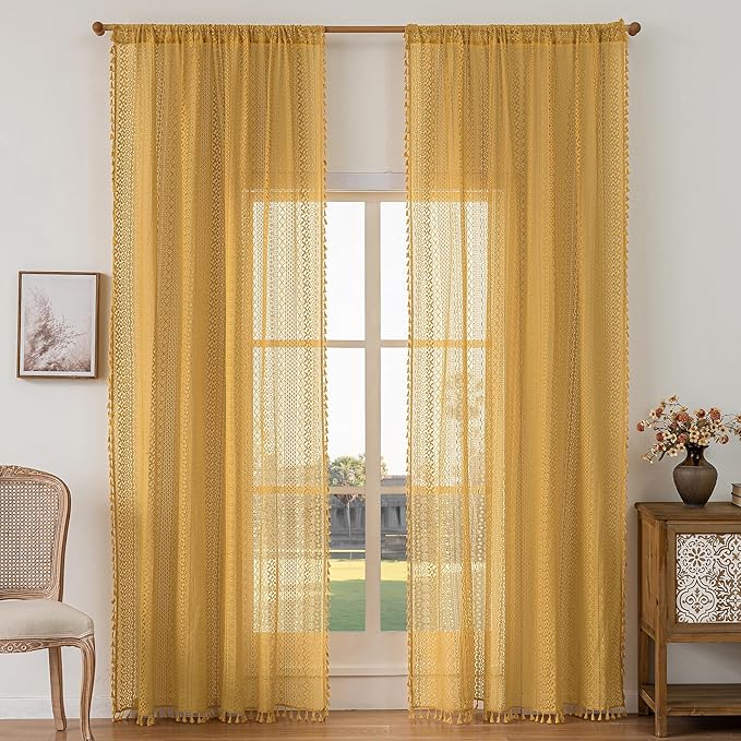 WAZZIO Boho Lace Curtains 72 Inches 2 Panel,Light Filtering Privacy Tassel & Geometry Crochet Semi Sheer Curtain Drapes for Bedroom Living Dining Room,Rod Pocket & Tassel,Mustard Yellow