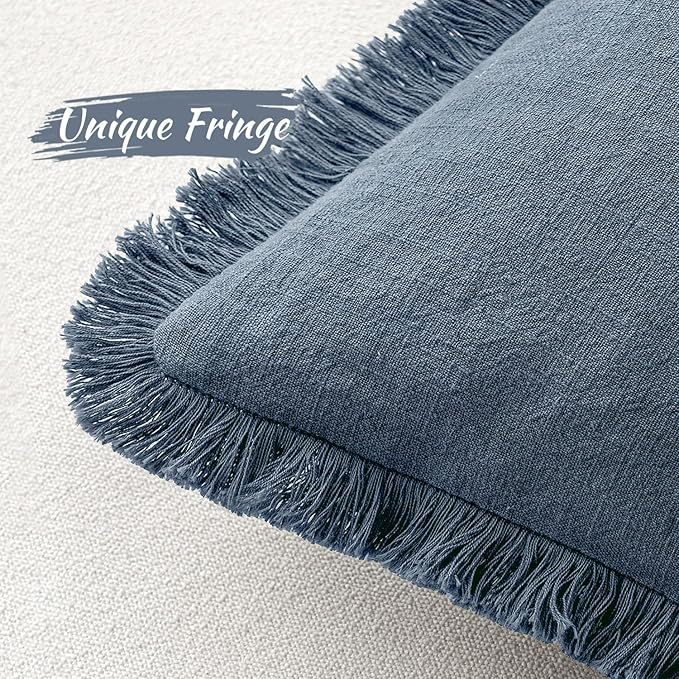 MIULEE Decorative Throw Pillow Covers Neutral Linen Fringe Throw Pillows Set of 2 Blue Ashes Boho Farmhouse Cushion Covers with Tassels for Couch Sofa Bed Spring Home Decor 20x20 Inch
