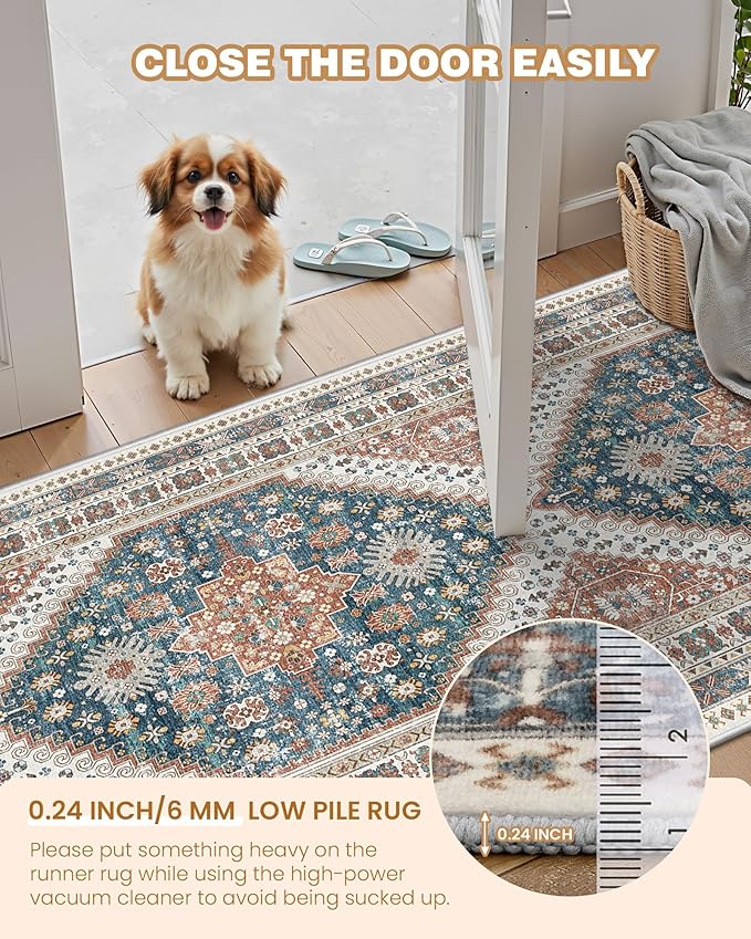 Hallway Runner Rug 2x12, Extra Long Washable Runner Rugs with Rubber Backing, Non Slip Runner, Vintage Rug Runners for Kitchen Laundry Room Entryway (Blue/Red,2'x12')