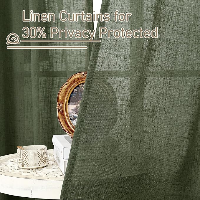 LAMIT Semi Sheer Short Linen Curtains 36 Inch Length 2 Panels, Light Filtering Panels Back Tab and Rod Pocket Neutral Drapes for Kitchen/Loft Room, Olive Green, 25 x 36 Inch