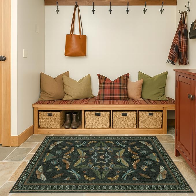 Dark Green Rug for Entryway Indoor- 3x6 Large Washable Kitchen Rug, Non Slip Insect & Floral Pattern Carpet for Entry Way, Mudroom, Vintage Stain Resistant Indoor Décor