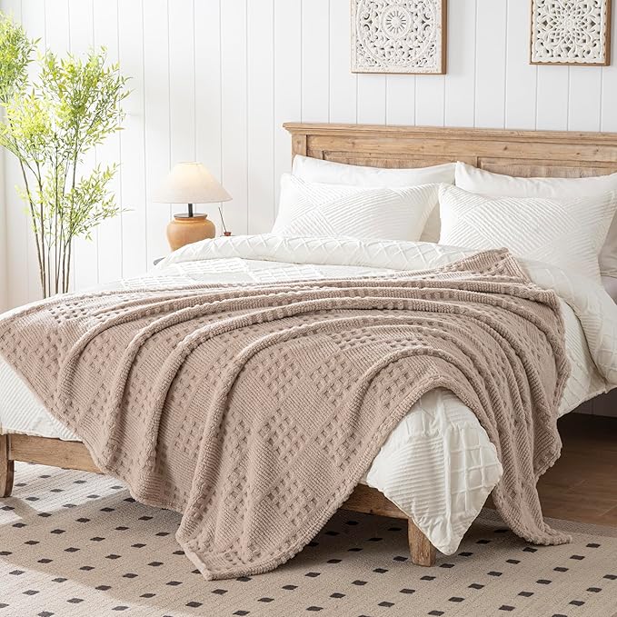 60x80 Inch Waffle Brown Twin Blanket -Fluffy Fleece, Neutral Tan Color, Cute & Aesthetic, Perfect for Sofa, Couch, Chair, Bed, Living Room & Bedroom, All-Season Use, Plush & Cozy Decorative Blanket