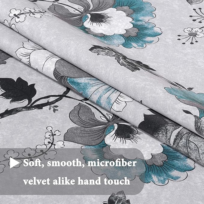 H.VERSAILTEX Blackout Curtain Valances for Kitchen Window/Living Room/Bathroom Privacy Added Rod Pocket Home Decoration Winow Valance, 52" W x 18" L, Floral in Grey and Teal (Pack of 4)