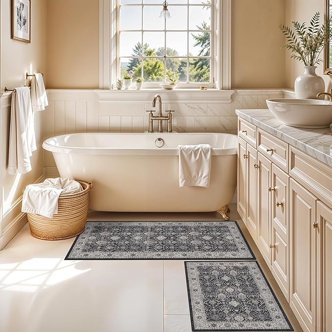 Kitchen Sink Rugs Set 0f 2: Washable Non-Slip Hardwood Floor Mat for Stove Dishwasher Fronts Soft Stain Resistant Carpet for Cooking Area & Fridge Boho Home Decor for High Traffic Area(2x3+2x4,Black)
