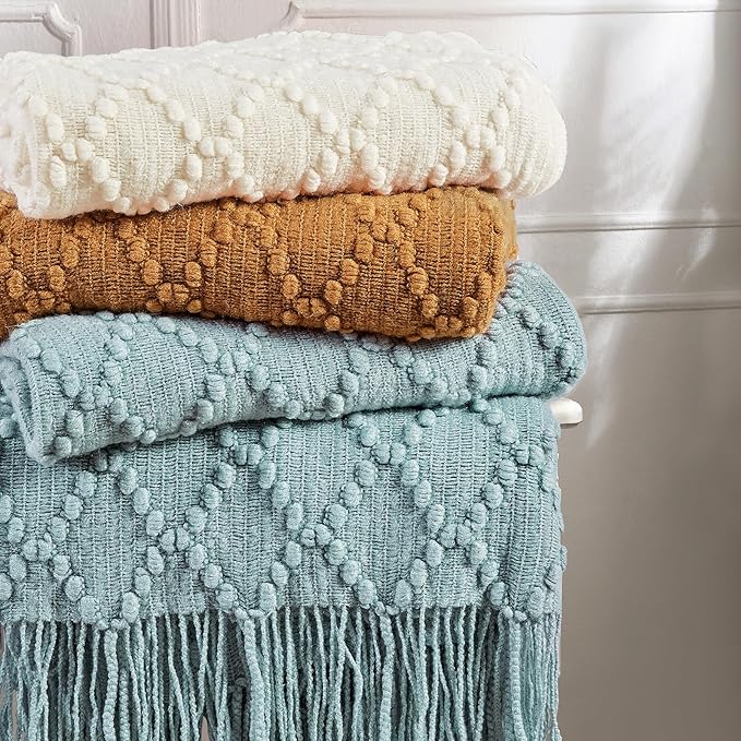 BOURINA Almond Throw Blanket 50 x70 Inches Jacquard Argyle Throw Textured Solid Soft Throws and Blankets for Sofa or Bed Knitted Decorative Blanket
