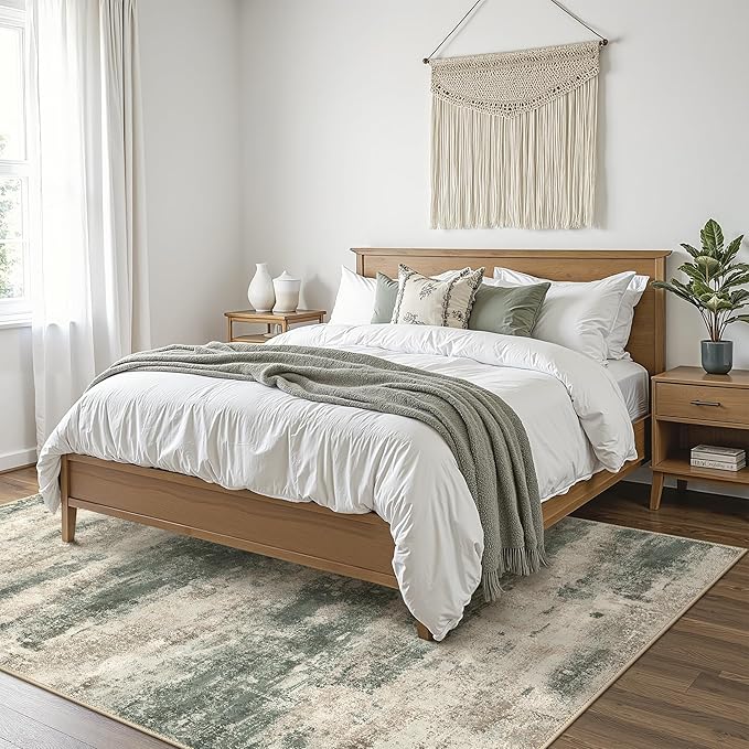 Area Rugs 8x10 for Living Room Bedroom, Modern Abstract Machine Washable Rug, Large Soft Low Pile Floor Cover with Non Slip Backing for Dining Room, Grey/Dark Green