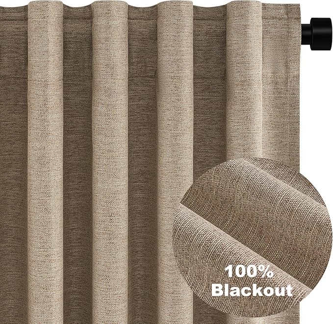 Topfinel 95 Inches Long Custom Linen Blackout Curtains Taupe Pinch Pleated Noise Cancelling Curtains with Pin Hooks for Traverse Burlap Viral Drapes 2 Panels for Living Room Bedroom