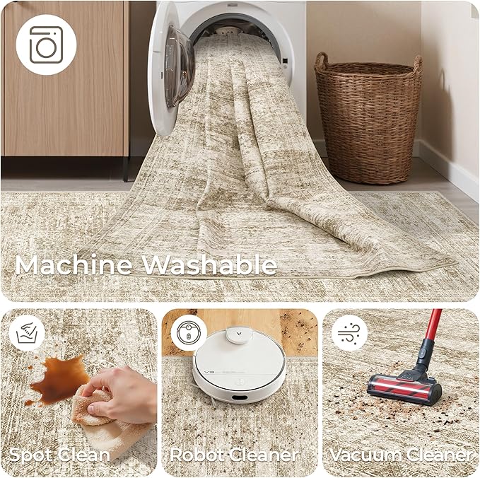 Kitchen Runner Rug Non Slip - 2.5 x 8 Runners for Hallways, Entryway, Bedroom, Washable Runner Rugs for Bathroom, Laundry Room, Low Pile Soft Vintage Area Rug(2.5'x8', Brown/Ivory)